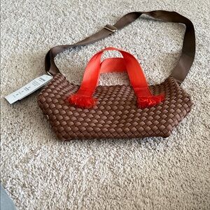 Woven Brown Crossbody Bag with Bright Red Handles